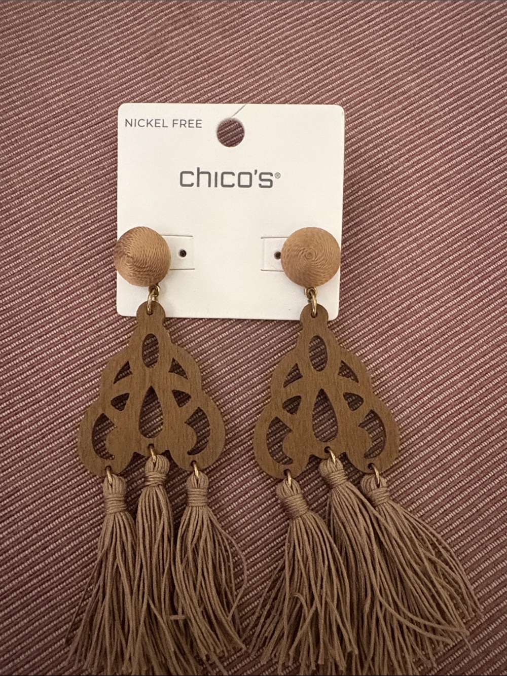Chico's Taupe Wood Cutout Tassel Earrings